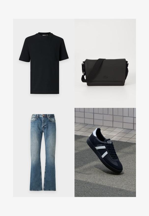 Schwarzes, kurzärmeliges, geripptes Strick-T-Shirt mit Rundhalsausschnitt und einem kleinen, sichtbaren Etikett im Krageninnenteil.; Blaue Jeans aus Denim mit einem verwaschenen Effekt, geradem Bein Schnitt, Knopf- und Reißverschluss und fünf Taschen Design.; Schwarze Leder-Sneaker mit weißen Streifen, strukturiertem Gummisohle und Schnürung. Verfügt über ein Markenetikett auf der Zunge.; Lacoste MESSENGER BAG MEN CLASSIC - Umhängetasche - noir