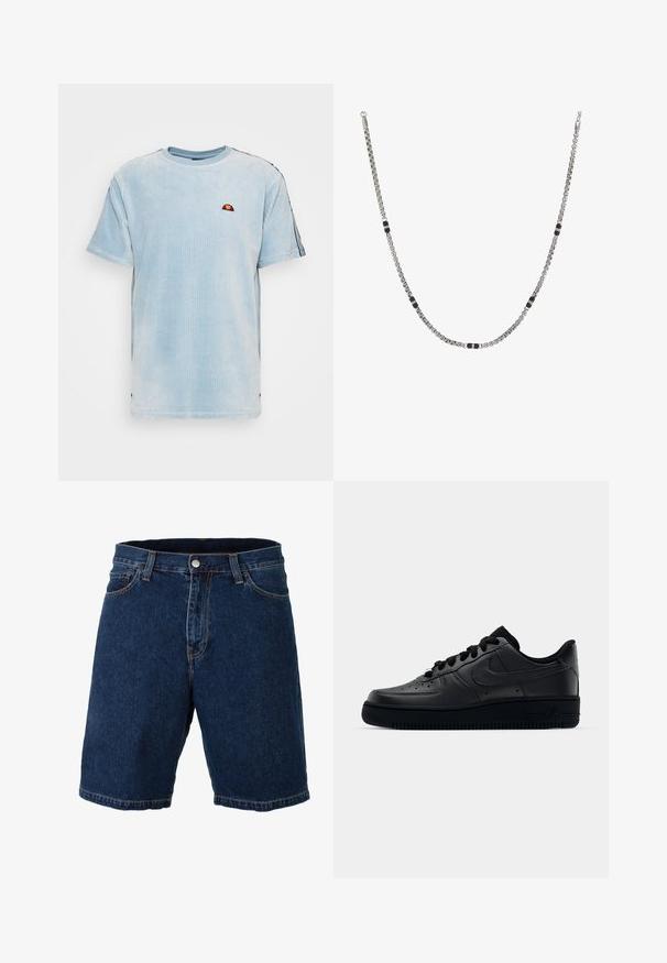 Ellesse MADORI - Tričko s potlačou - light blue; Džínové šortky v tmavomodrej farbe so strižením rovného strihu, klasickým pásom a kovovým zapínaním; majú kontrastné žlté prešitie a lem.; Čierne tenisky Nike Air Force 1 s hladkým koženým zvrškom, perforovanou špičkou pre priedušnosť, čiernymi šnúrkami a textúrovanou gumovou podrážkou.; Strieborný náhrdelník z reťaze s alternujúcimi časťami pevných čiernych akcentov. Má hladký, leštený povrch a ľahký dizajn.