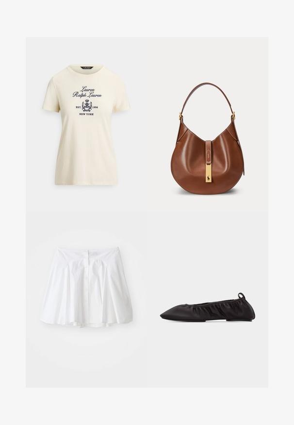 Bavlnené tričko krémovej farby s krátkymi rukávmi a okrúhlym výstrihom. Obsahuje vyšívané námornícke logo a text: "Lauren Ralph Lauren EST. 1996 NEW YORK."; Biela bavlnená sukňa s rozšíreným strihom, s gombíkovým zatváraním na prednej strane a jemným riasením v páse pre tvar.; Čierna mäkká kožená balerína s plochou podrážkou, špičatou špičkou, stiahnutými elastickými stranami a pútkom na opätku na bielom pozadí.; Hnedá kožená kabelka s oblým tvarom, jedným remienkom a zlatou obdĺžnikovou sponou s malým logom koňa na prednej strane.