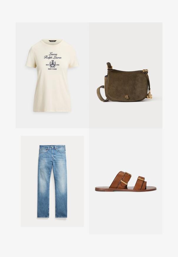 T-shirt en coton couleur crème avec manches courtes et col rond. Présente un logo brodé bleu marine et le texte : "Lauren Ralph Lauren EST. 1996 NEW YORK."; Jean denim bleu clair à coupe droite, légèrement délavé, design cinq poches avec étiquette visible de la marque Polo sur la ceinture.; Sandales mules en cuir marron avec deux brides réglables, boucles dorées et semelle plate en bois.; Sac à épaule en daim vert olive avec logo et breloque "RL" ton doré, sangle réglable et fermeture à rabat sur fond neutre.
