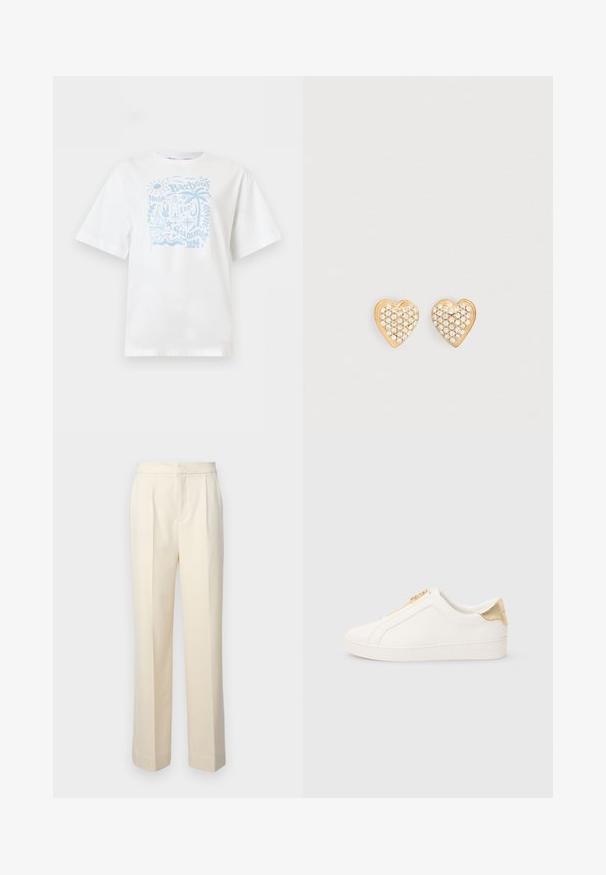 T-shirt blanc à manches courtes avec un graphisme estival bleu clair, comprenant soleil, palmier, voilier, phare et le texte « Barbour Made for Summer 1894. »; Pantalons taillés de couleur crème avec une jambe droite, présentant des plis sur le devant et une finition lisse. La taille est plate et sans ornements.; Baskets blanches à enfiler en cuir lisse, avec une fermeture éclair dorée et un accent près du talon avec une finition texturée et un logo embossé sur le côté.; Boucles d'oreilles en forme de cœur couleur or, ornées de strass transparents, avec une surface texturée et des bords polis.
