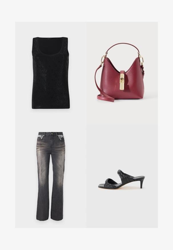Débardeur noir sans manches présentant un motif en losanges avec de petites découpes, un col rond et une texture de tissu lisse.; Jeans en denim noir avec un design à jambes droites, présentant des détails en dentelle sur les poches et un léger dégradé. Les éléments en métal comprennent un bouton et des rivets.; Sandales à talons noirs avec un bout carré, fabriquées en cuir lisse. Elles présentent des brides froncées et un talon fin pour plus d'élévation.; Petit sac à main bordeaux texturé avec poignée courte, bandoulière longue détachable et fermoir central doré sur fond uni.