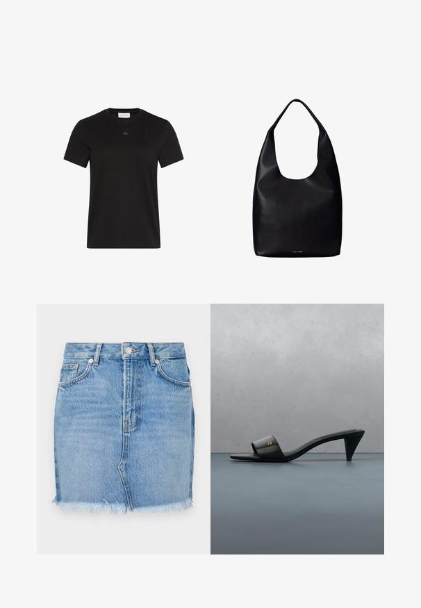T-shirt noir à manches courtes col rond avec petit logo Calvin Klein centré sous l'encolure.; Jupe en denim bleu avec une coupe ajustée, ourlet brut et poches avant classiques. Texture lisse avec un léger dégradé pour un look décontracté.; Sandale à talon ouverte en cuir noir avec un logo doré sur la bride, flottant au-dessus d'une surface extérieure carrelée avec de la verdure en arrière-plan.; Sac fourre-tout en cuir noir avec une seule large bandoulière et un logo Calvin Klein discret au centre inférieur.