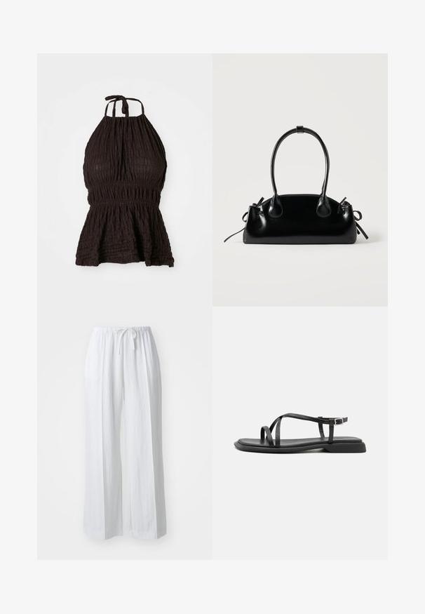 Čierny halter top s textúrovanou látkou, smockovaným pásom a nastaviteľnými viazacími ramienkami. Má peplum strih pre zvýraznenie tvaru.; Biele široké nohavice s opaskom na sťahovanie. Vyrobené z ľahkej tkaniny, s hladkou textúrou a minimalisticým dizajnom.; Čierne ploché sandále s tenkými nastaviteľnými popruhmi, obdĺžnikovým prstovým pásikom a textúrovaným matným povrchom. Majú nízky, mierne štvorcový opätok.; Malá čierna lesklá kabelka s dvoma dlhými rúčkami a bočnými šnúrkovými detailmi na jednoduchom svetlom pozadí.