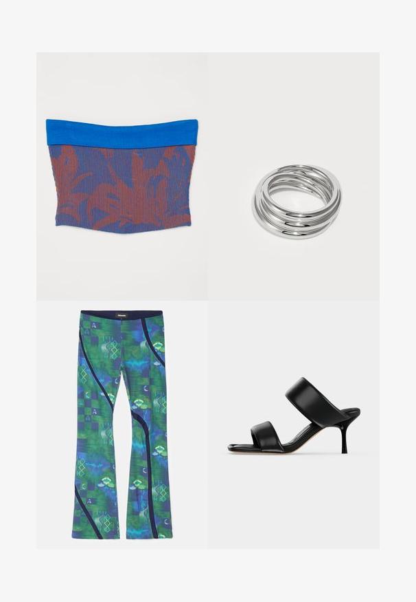 Elastisk tube top med en solid blå kant øverst. Hoveddelen har et strukturmønster med røde og blå lodrette striber.; Leggings lavet af multicolor strækstof med grønne og blå mønstre, der har geometriske former og mørkeblå accenter langs siderne.; Sort læder mule sandal med to brede remme og en slank mellemhøj stiletthæl på en ensartet lys baggrund.; Sølvring med flere indbyrdes sammenflettede bånd med en glat, reflekterende overflade og en poleret finish, der skaber et flydende design.