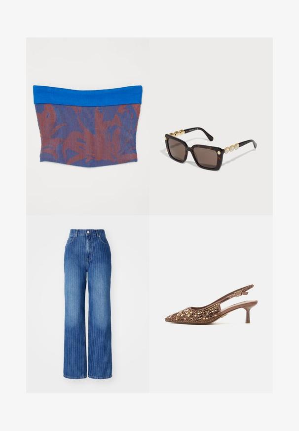 Elastisk tube top med en solid blå kant øverst. Hoveddelen har et strukturmønster med røde og blå lodrette striber.; Blå denim brede bukser med lodrette hvide striber, høj talje og fem-lomme design, med knap- og lynlåslukning.; Brun slingback kitten heel sko med spids tå, pyntet med gyldne og bronze runde nitter, med justerbar bæltespænde.; Skildpaddebriller med mørke linser, kvadratisk form, guldfarvede detaljer og tre geometriske dekorative elementer på stængerne.