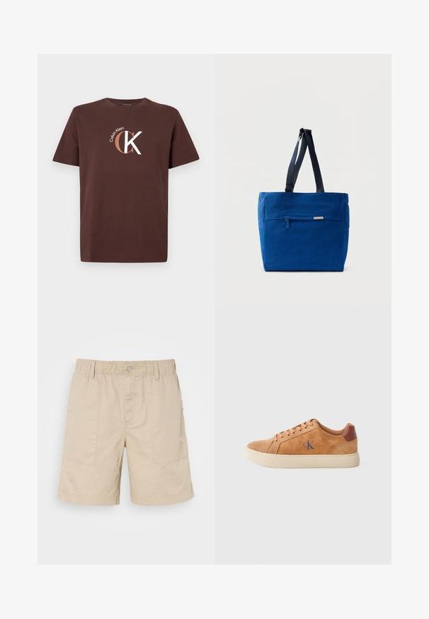 Camiseta de algodón marrón con mangas cortas y escote redondo. Presenta el logo de Calvin Klein en blanco y marrón claro, junto con un diseño gráfico de "CK".; Pantalones cortos de algodón beige con cintura elástica, botón delantero y dos bolsillos laterales. Presenta costuras sutiles y un pequeño logotipo en el lateral.; Zapatilla de ante color canela con suela de goma beige, con acentos marrones y un pequeño logo azul en el costado. Diseño clásico con cordones.; Bolsa de lona azul con un bolsillo frontal con cremallera, correas dobles para el hombro y forma rectangular. Cuenta con una etiqueta de marca sutil.