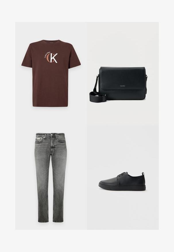Braunes Baumwoll-T-Shirt mit kurzen Ärmeln und Rundhalsausschnitt. Verfügt über ein weißes und hellbraunes Calvin Klein Logo sowie ein "CK" Grafikdesign.; Graue gerade geschnittene Jeans aus Denim mit Vordertaschen, Gürtelschlaufen, Knopfverschluss und dezenten Ausbleichungen.; Schwarze Leder-Sneaker mit glatter Oberfläche, abgerundeter Zehenpartie, gleichfarbiger Nähte, schnürbarem Vorderteil und flacher Gummisohle. Schlaufe an der Ferse.; Schwarze Leder-Umhängetasche mit strukturierter Oberfläche, verstellbarem Riemen und einer Vorderklappe mit dezentem Logo. Kompakte und rechteckige Form.