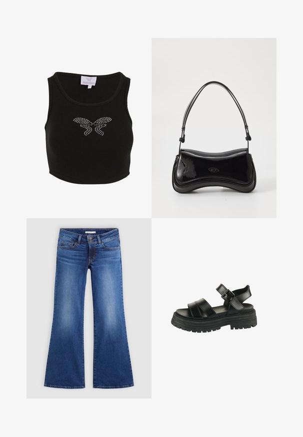Sort ribbet crop top med en tætsiddende pasform, med et sommerfuglmotiv lavet af rhinsten på forsiden. Inkluderer et mærke med brandnavnet.; Bredde blå jeans lavet af denim, der har et klassisk fem-lomme design, let slid, og kontrasterende syninger langs sømmen.; Sort sandal med chunky sål, to brede stropper foran, ankelstrop og sølvspænde på hvid baggrund.; Sort patentlæder håndtaske med en buet form, et enkelt håndtag og en rund bund. Har en subtil logo-detalje på forsiden.
