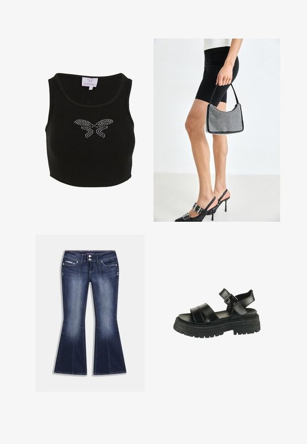 Sort ribbet crop top med en tætsiddende pasform, med et sommerfuglmotiv lavet af rhinsten på forsiden. Inkluderer et mærke med brandnavnet.; Mørkeblå, viddeudvidede jeans lavet af denim, med fem lommer, kontrastsyninger og lukning med knap samt dekorative detaljer foran.; Sort sandal med chunky sål, to brede stropper foran, ankelstrop og sølvspænde på hvid baggrund.; Sort perlehandtaske med en buet silhuet, bærehåndtag og blank overflade. Båret med højhælede sorte sko og tætsiddende sorte shorts.