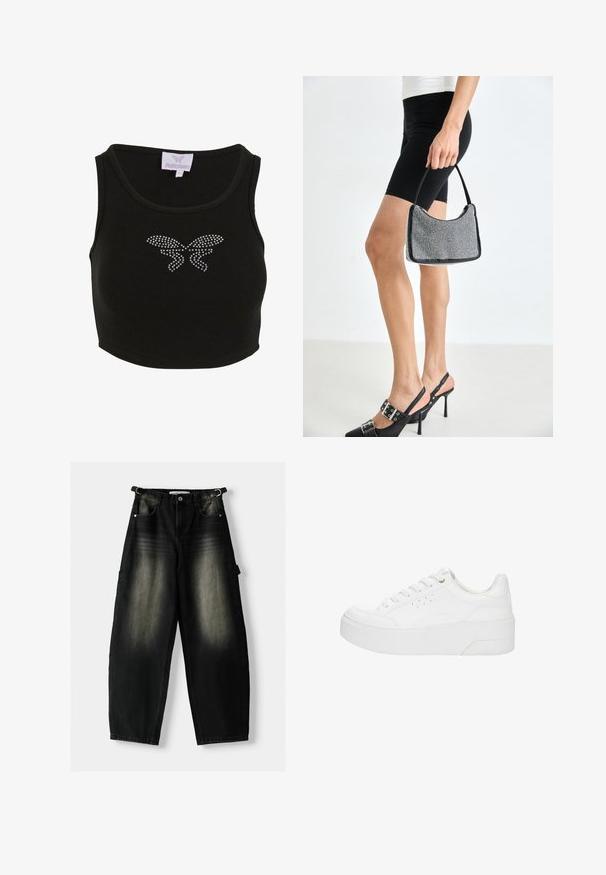 Čierny rebrovaný crop top s priliehavým strihom, ktorý na prednej strane obsahuje motív motýľa vyrobený z kamienkov. Obsahuje štítok s názvom značky.; Voľné čierne deninové nohavice s vyblednutou textúrou, piatimi vreckami a poutkom na páse. Dizajn sa vyznačuje voľným strihom a rovnými nohavicami.; Biela platformová teniska so šnurovaním vpredu, perforovanými detailmi na boku a hrubou podrážkou, zobrazená z vonkajšej strany na bielom pozadí.; Čierna korálková kabelka s zakriveným siluetom, nosnou rukoväťou a lesklou textúrou. Nosená s vysokými čiernymi topánkami na opätku a priliehavými čiernymi šortkami.