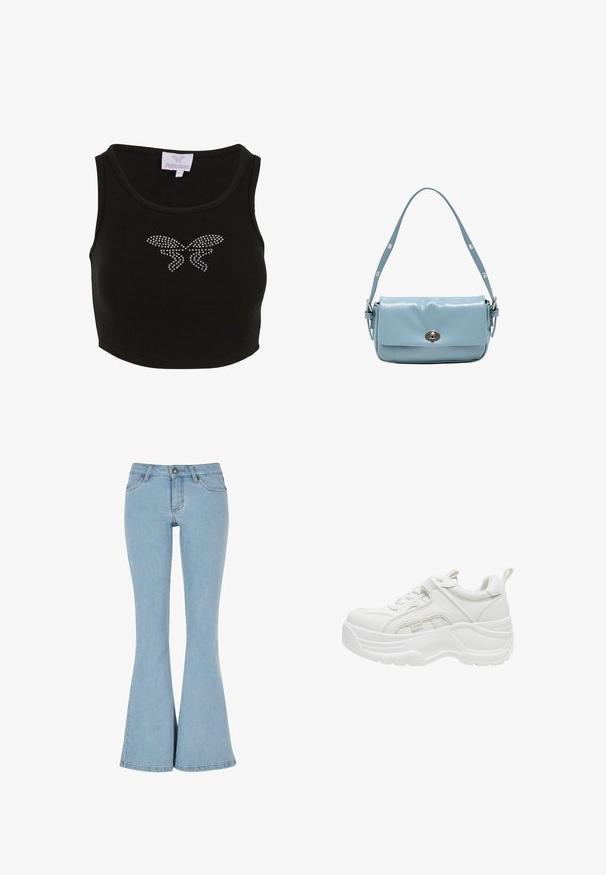 Sort ribbet crop top med en tætsiddende pasform, med et sommerfuglmotiv lavet af rhinsten på forsiden. Inkluderer et mærke med brandnavnet.; Lyseblå denim bukser med flare, høj talje, fem lommer og knaplukning. Har en glat tekstur og en ren kant.; Hvid chunky sneaker med tyk sål, snørelukning foran, polstret krave og trækstykke på hælen.; Lyseblå læder skuldertaske med justerbar rem og sølvfarvet drejelås på frontklappen.