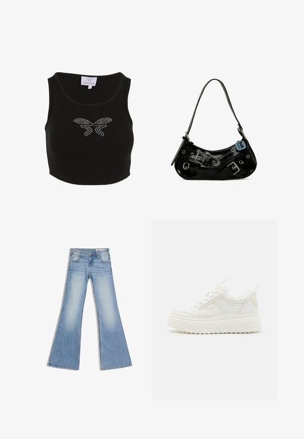 Sort ribbet crop top med en tætsiddende pasform, med et sommerfuglmotiv lavet af rhinsten på forsiden. Inkluderer et mærke med brandnavnet.; Lyseblå cowboybukser med høj talje, forlommer og vide, udvidede ben, lagt fladt på en hvid baggrund.; Hvide lædersneakers med en kraftig sål, snørebåndsdesign og subtil branding. Har en glat overflade og rund tå.; Sort lakeret skuldertaske med en buet form, udsmykket med sølvhardware, dekorative spænder og en kort rem. Blå mærkat vedhæftet.