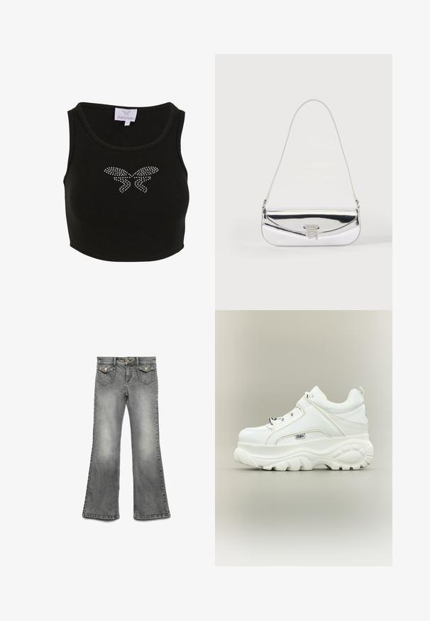 Top court noir en maille côtelée avec un design ajusté, orné d'un motif de papillon en strass à l'avant. Comprend une étiquette avec le nom de la marque.; Jean flare en denim gris avec un délavage, design à cinq poches et ferrures de couleur or contrastante. Taille droite avec fermeture à bouton.; Baskets à plateforme blanches avec semelle épaisse et imposante, lacets sur le devant et logo de la marque Buffalo sur le côté, vues de l’extérieur.; Petit sac à épaule argenté avec une fine bandoulière et un rabat avant sécurisé par un fermoir métallique.