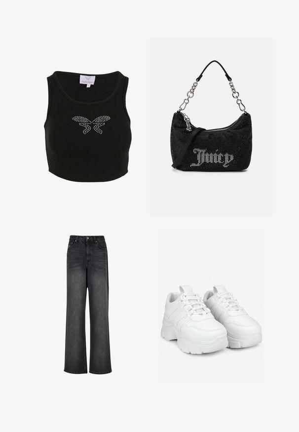 Top corto negro con diseño acanalado y ajustado, que presenta un motivo de mariposa hecho de rhinestones en la parte delantera. Incluye una etiqueta con el nombre de la marca.; Pantalones vaqueros negros de pierna ancha con una textura suave, que cuentan con una cintura alta, bolsillos frontales y un cierre de botón.; Las zapatillas blancas presentan un diseño voluminoso con una suela gruesa, paneles texturizados y un cierre de cordones. Están hechas de un material sintético suave.; Bolso negro con adornos de strass, de forma curvada y con un asa de cadena plateada. Presenta un zipper y el logo "Juicy" en blanco.