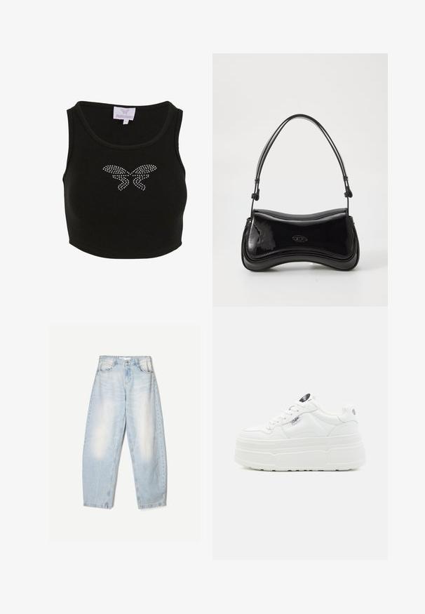 Čierny rebrovaný crop top s priliehavým strihom, ktorý na prednej strane obsahuje motív motýľa vyrobený z kamienkov. Obsahuje štítok s názvom značky.; Svetlomodré džíny s voľným strihom, so zovretým vzhľadom, dvomi prednými vreckami a gombíkovým zapínaním na páse.; Biele platformové tenisky s hladkým syntetickým povrchom, zaoblenou špičkou, polstrovaným golierom a textúrovanou podrážkou. Obsahujú kontrastnú štítok s logom.; Čierna lakovaná kabelka s zakriveným tvarom, jedným uchom a zaobleným dnom. Na prednej strane sa nachádza decentný detail loga.