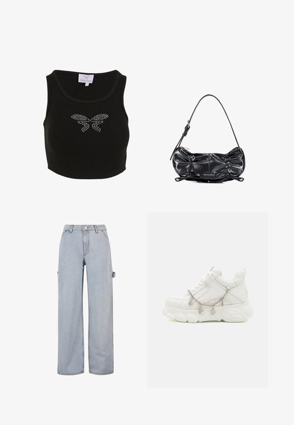 Schwarzes geripptes Cropped Top mit figurbetontem Schnitt, das auf der Vorderseite ein Schmetterlingsmotiv aus Strasssteinen zeigt. Enthält ein Etikett mit dem Markennamen.; Hellblaue Denim-Jeans mit weitem Bein, Knopf- und Reißverschluss, Gürtelschlaufen und einem seitlichen Detail an einem Bein. Ohne sichtbare Abnutzungen.; Weiße Sneakers mit dicker Sohle, strukturiertem Obermaterial aus Leder und dekorativer Metallkette mit Anhängern. Sie verfügen über eine Schnürung und einen gepolsterten Kragen.; Schwarze glänzende Lederschultertasche mit gerafften Seiten, verstellbarem Träger, Reißverschluss und Wittchen Markenlabel vorne in der Mitte.
