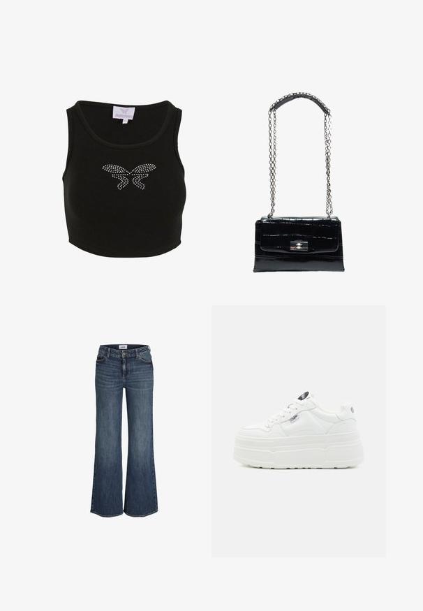 Top court noir en maille côtelée avec un design ajusté, orné d'un motif de papillon en strass à l'avant. Comprend une étiquette avec le nom de la marque.; Jean bleu foncé à jambes larges avec poches avant, passants de ceinture, bouton et fermeture éclair, présenté sur fond blanc.; Baskets plateforme blanches avec un extérieur synthétique lisse, un bout arrondi, un col rembourré et une semelle texturée. Présente une étiquette logo contrastante.; Sac à main en cuir noir à texture crocodile avec fermoir à verrou argenté et longue chaîne argentée avec patte d'épaule en cuir.