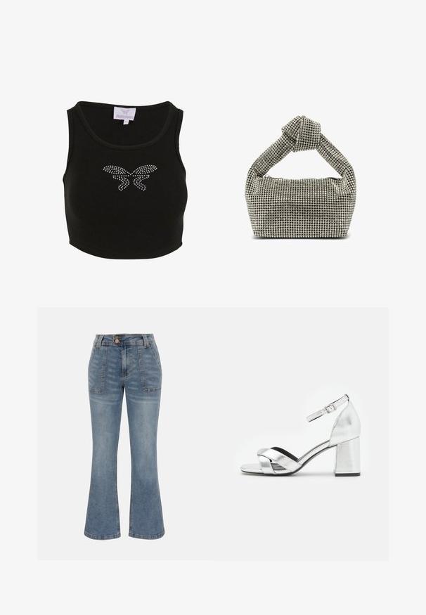 Top court noir en maille côtelée avec un design ajusté, orné d'un motif de papillon en strass à l'avant. Comprend une étiquette avec le nom de la marque.; Jean en denim bleu à taille haute, poches plaquées à l'avant, fermeture par bouton et zip, et une silhouette de jambe légèrement évasée.; Sandale argentée en métal montante à talon bloc, dotée de brides entrecroisées et d'une boucle à la cheville pour un ajustement sécurisé. Texture lisse.; Sac à main argenté orné d'une poignée supérieure nouée, de forme rectangulaire, recouvert de petits strass ronds, texture lisse.