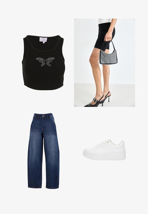 Čierny rebrovaný crop top s priliehavým strihom, ktorý na prednej strane obsahuje motív motýľa vyrobený z kamienkov. Obsahuje štítok s názvom značky.; Tmavé denimové nohavice s širokými nohavicami, vysokým pásom, piatimi vreckami a zapínaním na gombík. Tkanina má mierny vyblednutý vzhľad a hladkú textúru.; Biela platformová teniska so šnurovaním vpredu, perforovanými detailmi na boku a hrubou podrážkou, zobrazená z vonkajšej strany na bielom pozadí.; Čierna korálková kabelka s zakriveným siluetom, nosnou rukoväťou a lesklou textúrou. Nosená s vysokými čiernymi topánkami na opätku a priliehavými čiernymi šortkami.