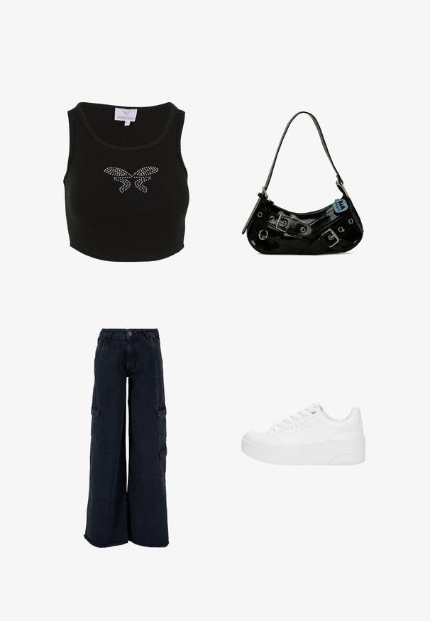 Čierny rebrovaný crop top s priliehavým strihom, ktorý na prednej strane obsahuje motív motýľa vyrobený z kamienkov. Obsahuje štítok s názvom značky.; Cargo nohavice so širokými nohavicami v tmavom denime. Medzi vlastnosti patrí viacero bočných vreciek, surový lem a zapínanie na gombík. Textúrovaná tkanina.; Biela platformová teniska so šnurovaním vpredu, perforovanými detailmi na boku a hrubou podrážkou, zobrazená z vonkajšej strany na bielom pozadí.; Čierna lakovaná kožená taška s zakriveným tvarom, s striebornými kovaniami, dekoratívnymi prackami a krátkym popruhom. Pripojená modrá visačka.