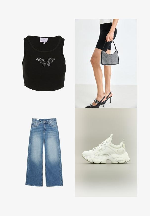 Čierny rebrovaný crop top s priliehavým strihom, ktorý na prednej strane obsahuje motív motýľa vyrobený z kamienkov. Obsahuje štítok s názvom značky.; Svetlo modré široké džínsy vyrobené z denimu. Obsahujú vysoký pás, predné vrecká a dekoračné nitovanie pozdĺž vonkajších švov.; Biele robustné tenisky s hrubou textúrovanou podrážkou, sieťovinovým a koženým zvrškom, zapínanie na šnúrky a pútka na jazyku a päte.; Čierna korálková kabelka s zakriveným siluetom, nosnou rukoväťou a lesklou textúrou. Nosená s vysokými čiernymi topánkami na opätku a priliehavými čiernymi šortkami.