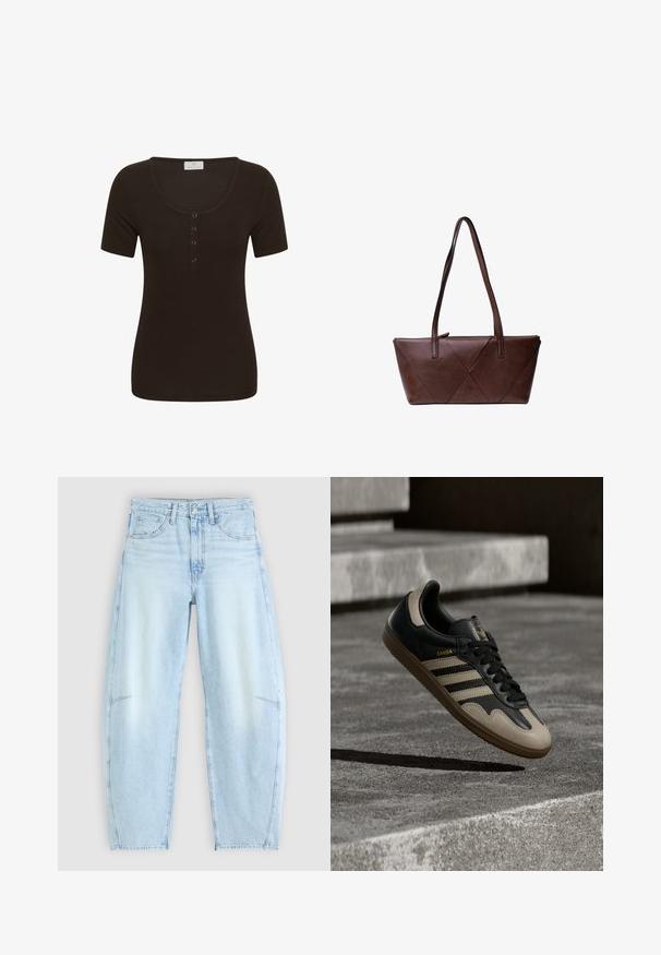 Sort kortærmet ribstrikket top med rund halsudskæring og fire små knapper foran midt på.; Lyseblå denimjeans med en afslappet pasform, der har høj talje, fem-lommers design og subtilt slid med frynset kant.; Sort og beige lædersneaker med tre hvide striber, tanfarvet gummisål og gyldent "Samba"-detalje på siden.; Brun læderrektangulær håndtaske med to skulderstropper og geometrisk syet design på tværs af overfladen.