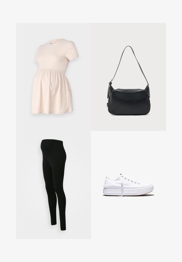 Robe de maternité beige clair à manches courtes avec un col rond, texture côtelée, et une silhouette évasée partant de la taille.; Leggings de maternité noirs avec une taille haute et un soutien optimal, texture lisse, design ajusté, sans motifs ni embellissements visibles.; Baskets basses blanches en toile avec semelle plateforme épaisse, lacets sur le devant et embout en caoutchouc texturé, vues de profil.; Sac à bandoulière en cuir noir avec une texture lisse, une forme arrondie et une fine bandoulière. Il dispose d'une fermeture éclair et d'accents matériels minimalistes.