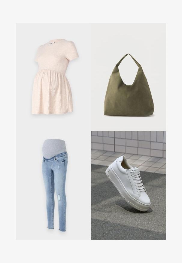 Vaalean beige lyhythihainen äitiysmekko, jossa on pyöreä kaula-aukko, ribbitekstuuri ja A-linjainen siluetti, joka levenee vyötäröltä.; Raska slim jeans äitiysmallia vaaleansinisestä denimestä, pehmeällä harmaalla elastisella vyötäröllä, kulutetuilla yksityiskohdilla ja kapenevalla istuvuudella.; Valkoinen nahkalenkkari, jossa on matalan kannan muotoilu, litteät nauhat, pyöristetty kärki ja texturoitu sivu. Paksu kumipohja, jossa on hillittyjä yksityiskohtia.; Oliivinvihreä pehmeä nahkainen olkalaukku, jossa on leveä yksittäinen hihna ja rento, muotoilematon muoto vaalealla taustalla.