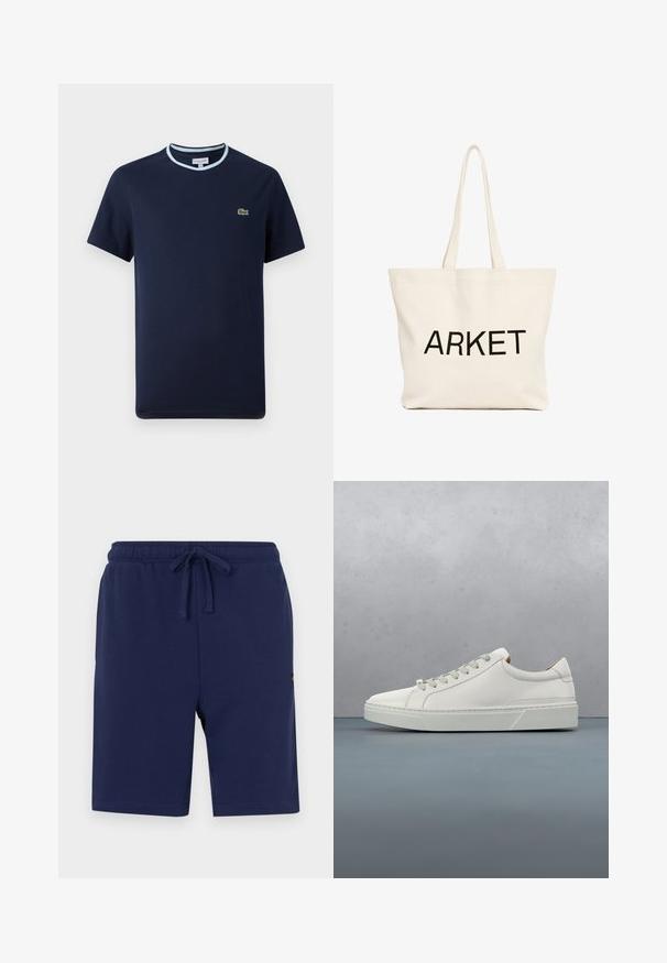 T-shirt bleu marine en coton, avec un col côtelé bleu clair. Présente un petit logo crocodile vert sur la poitrine. Design à manches courtes.; Shorts bleu marine en mélange de coton doux, dotés d'une taille élastique avec cordon de serrage et de poches latérales.; Baskets en cuir blanc avec un bout arrondi, design minimaliste, lacets gris et semelle en caoutchouc gris texturé. Détails de couture subtils visibles.; Sac fourre-tout en toile beige avec de longues anses et le texte noir "ARKET" imprimé sur le devant.
