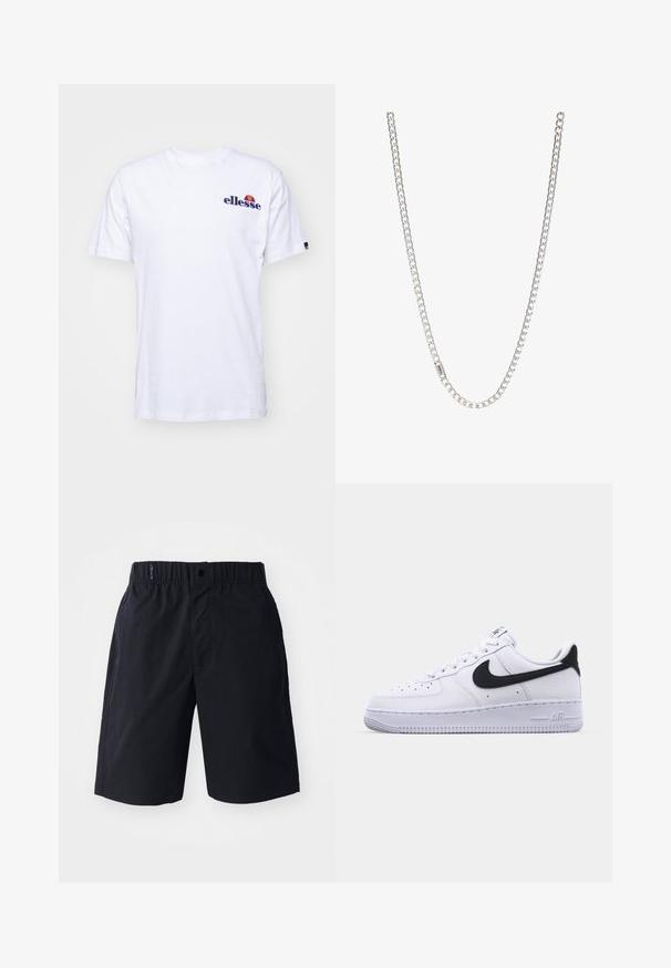 Witte katoenen T-shirt met korte mouwen, voorzien van een marineblauw geborduurd logo op de linkerborst en een levendige kleurenaccent boven het logo.; Zwarte shorts van lichtgewicht stof, met een rechte voorkant, een elastische tailleband en zijzakken. Eenvoudig ontwerp zonder patronen.; Witte leren sneaker met een gestructureerde zwarte Swoosh, platte veters en een rubberen zool met een geribbeld patroon. "AIR" is in de hak geperst.; Zilveren ketting met in elkaar grijpende schakels, een gladde textuur en een uniforme rechthoekige vorm. Veilige sluiting.