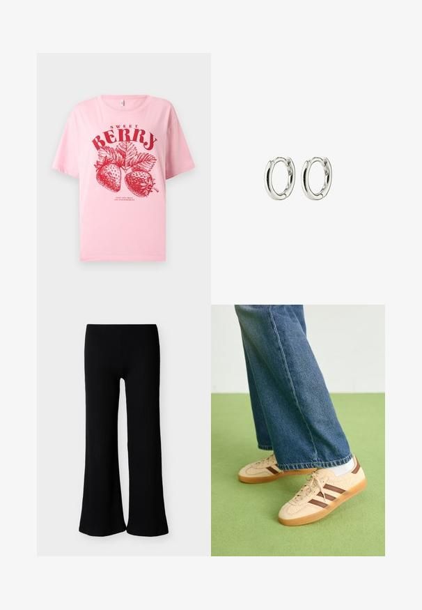 Lichtroze T-shirt met rode aardbeienillustratie en tekst "SWEET BERRY" en "STOP AND SMELL THE STRAWBERRIES" op de voorkant.; Zwarte geribbelde gebreide wijde broek met hoge taille en geen zichtbare sluitingen, getoond op een effen lichtgrijze achtergrond.; Beige sneakers met gestructureerde crèmekleurige panelen en bruine strepen, gecombineerd met blauwe denim jeans. De jeans hebben een brede pijp en een rafelige zoom.; Zilveren creolen met een gladde, glanzende afwerking. Geronde vorm met een veilige sluiting. Minimalistisch ontwerp met een subtiele draai-detail.