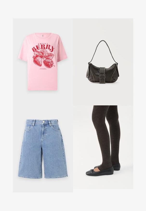 Lyserød T-shirt med rød jordbærillustration og teksten "SWEET BERRY" og "STOP AND SMELL THE STRAWBERRIES" på forsiden.; Lysblå denimshorts med en løs pasform, høj talje, frontlommer og dobbelt-syet kant. Glat tekstur med et klassisk design.; Ben iført mørke ribbede leggings kombineret med sorte balletsko med små sløjfedetaljer på hvid baggrund.; Sort læder skuldertaske med spænde på remmen, afrundede kanter og kontrasterende hvide syninger på en ensfarvet baggrund.