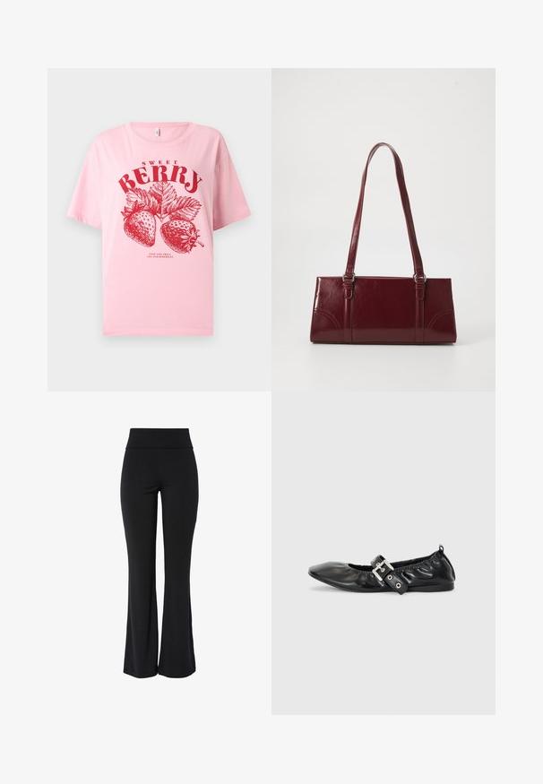 T-shirt rose clair avec illustration de fraise rouge et texte « SWEET BERRY » et « STOP AND SMELL THE STRAWBERRIES » sur le devant.; Pantalon noir taille haute extensible avec jambe légèrement évasée et design lisse sans coutures, sur fond blanc.; Chaussure plate en cuir noir avec un nez pointu, des détails froncés autour de l'ouverture et un accent en boucle argentée sur la bride ajustable.; Sac à main bordeaux en matériau brillant, de forme rectangulaire, avec deux anses et des accents légèrement courbés à l'avant.
