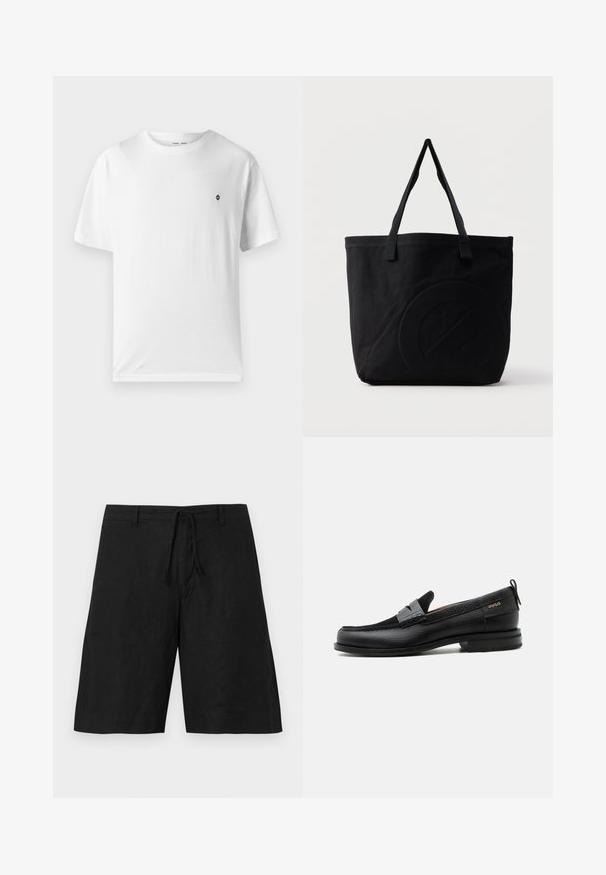 T-shirt en coton blanc à col rond, manches courtes, avec un petit logo noir sur la poitrine. Texture douce, coupe décontractée.; Shorts en lin noir avec une coupe décontractée, taille à cordon de serrage et sans motifs visibles. Le tissu semble léger avec une finition légèrement texturée.; Mocassin en cuir noir avec détail de bride grise, talon bas et semelle texturée, marqué "HUGO" en or sur le côté.; Sac fourre-tout en toile noire avec deux bandoulières et un motif circulaire discret en relief sur le devant.