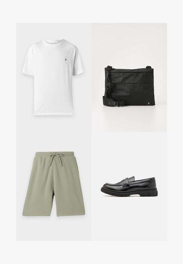 Witte katoenen t-shirt met een ronde hals, korte mouwen en een klein zwart logo op de borst. Zachte textuur, casual pasvorm.; Lichtgroene shorts van een textuurstof met een elastische tailleband en trekkoord. Rechte snit en knielange ontwerp.; Zwarte leren instapper met een brede band over de voet, rubberen zool met dikke noppen en een gladde textuur. Klassiek, strak ontwerp.; Zwarte nylon boodschappentas met verstelbare riem, plat ontwerp en een zijlabel met een logo. Soepele textuur en minimalistische stijl.