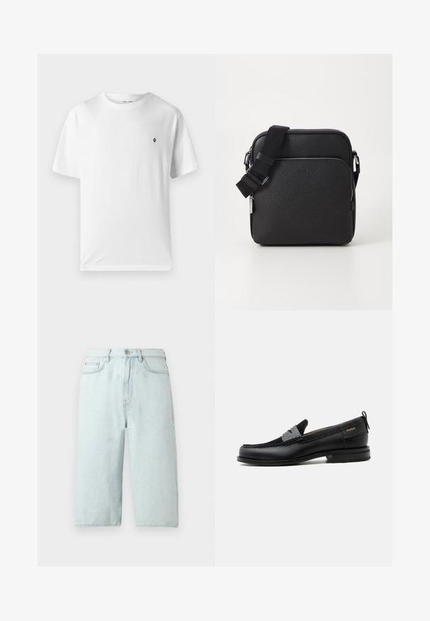 T-shirt en coton blanc à col rond, manches courtes, avec un petit logo noir sur la poitrine. Texture douce, coupe décontractée.; Shorts en denim bleu clair avec une coupe à jambe droite, taille mi-haute, poches avant et une poche arrière unique, finition avec des coutures discrètes.; Mocassin en cuir noir avec détail de bride grise, talon bas et semelle texturée, marqué "HUGO" en or sur le côté.; Sac bandoulière en cuir noir avec une surface texturée, doté d'une poche zippée à l'avant, d'une bandoulière ajustable et d'accents en métal.