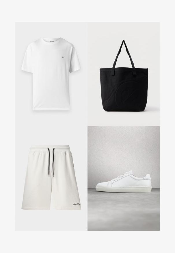 Witte katoenen t-shirt met een ronde hals, korte mouwen en een klein zwart logo op de borst. Zachte textuur, casual pasvorm.; Witte katoenen shorts met een trekkoord in de taille en zwarte accenten. Voorzien van zijzakken en een klein logo op de zoom. Zachte textuur.; Witte sneaker met een gladlederen bovenwerk en een laag profiel. Voorzien van een ronde neus, zes vetergaatjes en een gestructureerde rubberen zool.; Zwarte canvas tas met twee schouderbanden en een subtiel, ingebosseleerd cirkelvormig ontwerp aan de voorkant.
