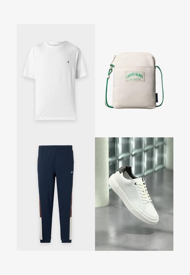 Camiseta blanca de algodón con cuello redondo, mangas cortas y un pequeño logo negro en el pecho. Textura suave, corte casual.; Pantalones de chándal navy fabricados con un tejido suave, con paneles laterales en marrón y crema, cinturilla elástica y un pequeño logo en la parte frontal.; Zapatilla blanca de perfil bajo con lengüeta del talón texturizada en negro, cordones blancos y suela gruesa sobre un suelo de cemento pulido cerca de bloques de vidrio.; Bolso pequeño beige de bandolera con correa ajustable de cuerda verde, un bolsillo frontal con cremallera y un parche con el logo de Calvin Klein New York City.