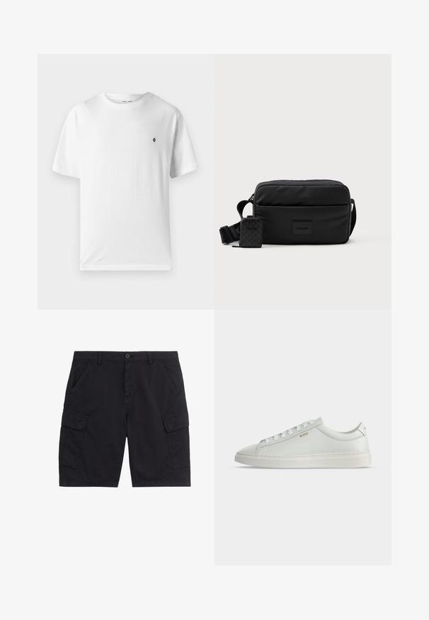 T-shirt en coton blanc à col rond, manches courtes, avec un petit logo noir sur la poitrine. Texture douce, coupe décontractée.; Shorts cargo noirs avec bouton et fermeture éclair à l'avant, deux poches latérales, deux poches cargo à rabat et passants pour ceinture.; Baskets basses blanches en cuir avec lacets, semelle plate et petit logo doré "BOSS" sur le côté, vues de l'extérieur.; Sac en bandoulière noir en nylon lisse, de forme rectangulaire, avec une petite pochette amovible et une bandoulière réglable.
