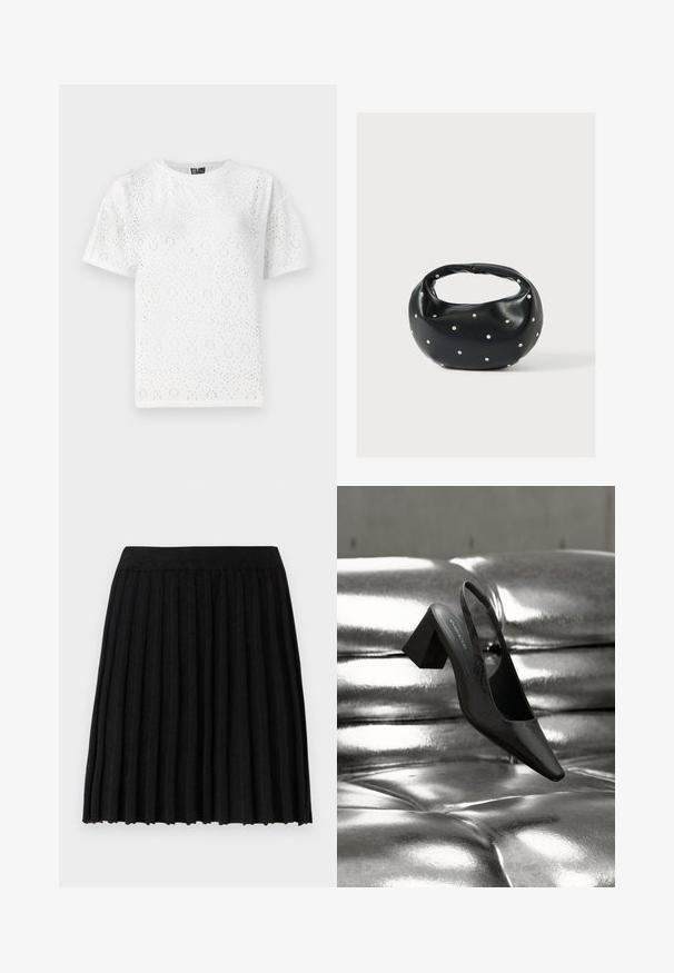 Witte katoenen t-shirt met een geperforeerd patroon met gebogen vormen, korte mouwen en een ronde hals. Soepele textuur en een losse pasvorm.; Vero Moda Knitted VMMARINA Short - Minirok - black; Zwarte slingback hak met een puntige neus, voorzien van een getextureerd oppervlak en een stevige blokhak. Geplaatst tegen een glanzende, metallic achtergrond.; Zwarte leren handtas met een afgeronde vorm, versierd met zilveren studs, en een korte handgreep. Gladde textuur en ritsluiting.