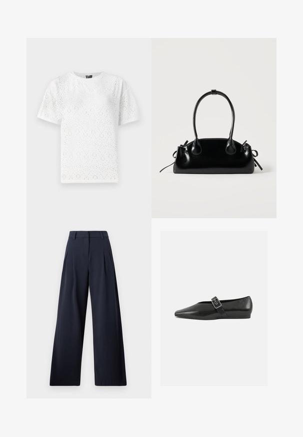 T-shirt en coton blanc présentant un motif perforé avec des formes courbes, des manches courtes et un col rond. Texture lisse et coupe décontractée.; Pantalons larges navy avec une texture lisse, présentant des plis avant et une taille classique, conçu pour un ajustement décontracté.; Chaussure plate en cuir noir avec un orteil pointu, présentant une sangle à boucle métallique sur le cou-de-pied et une semelle basse et flexible.; Petit sac à main noir brillant avec deux longues anses et des détails à cordon sur les côtés sur un fond clair uni.
