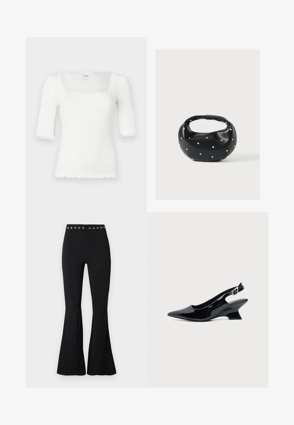 Haut blanc ajusté avec un décolleté carré et des manches courtes. Présente une bordure en dentelle le long du col et des bords des manches. Confectionné dans un matériau côtelé.; Pantalon noir taille haute ajusté avec des œillets métalliques sur la ceinture et des jambes évasées.; Chaussure slingback en cuir verni noir avec bout pointu et petit talon bloc incliné sur fond clair uni.; Sac à main en cuir noir de forme arrondie, décoré de clous argentés et équipé d'une poignée courte. Texture lisse et fermeture éclair.