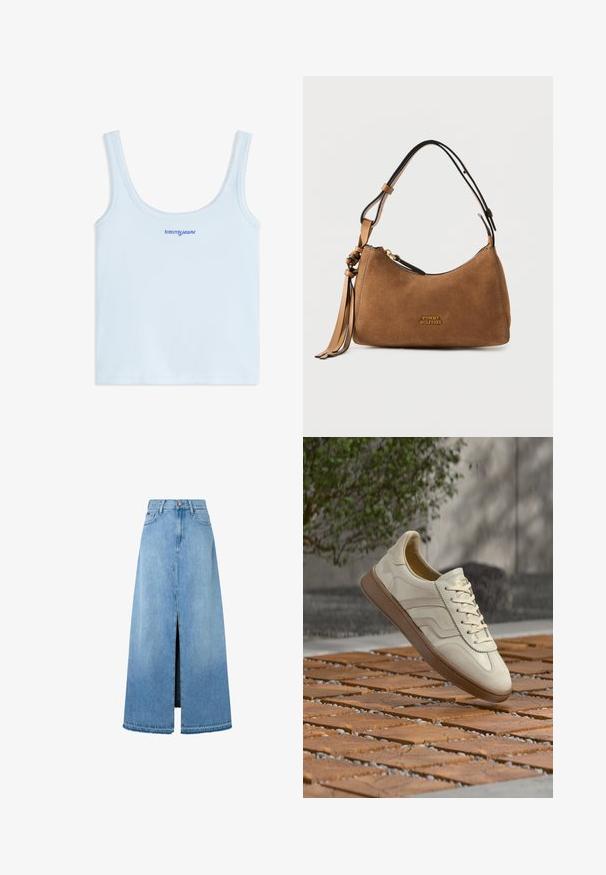 Hellblaues, geripptes Tanktop mit dünnen Trägern und "tommy jeans" Logo in Blau mittig vorne bestickt.; Hellblauer Denim-Maxirock mit einem Frontschlitz, typischer A-Linien-Form, verarbeitetem Saum und klassischem Fünf-Taschen-Design. Knopfverschluss an der Taille.; Sneaker in cremefarben mit einer strukturierten, beigen Gummisohle, schnürungsdesign und dezentem Branding an der Seite. Glattes Lederobermaterial.; Braune Wildleder-Tommy-Hilfiger-Handtasche mit verstellbarem schwarz-braunem Riemen und Quasten-Detail auf weißem Hintergrund.