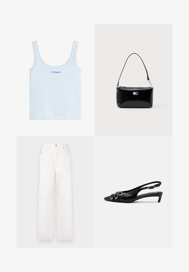 Lichtblauw geribd tanktopje met dunne bandjes en blauw geborduurd "tommy jeans" logo middenvoor.; Witte katoenen wijde broek met een klassiek vijf-pocketontwerp en een metalen knoopsluiting, met subtiele stikdetails.; Zwarte leren slingback schoen met puntige neus, drie zilveren gespen aan de voorkant en lage kittenhak op witte achtergrond.; Zwarte rechthoekige schoudertas met korte strap en Tommy Jeans-logo in rood, wit en blauw op de voorkant in het midden.