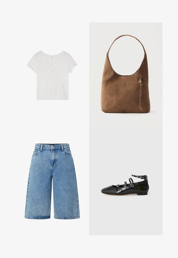 Hvid cropped t-shirt med v-udskæring og korte ærmer, lavet af let, let struktureret stof. Minimale mærker synlige nær kraven.; Lysblå denimshorts med en bred skæring, standard fem-lomme design og et struktureret stof med en falmet finish.; ALDO NELTA - Ballerinasko - black; Brun ruskind skuldertaske med enkelt rem, buet top og en lille kvast med en guldbeklædning på siden mod en ensfarvet baggrund.