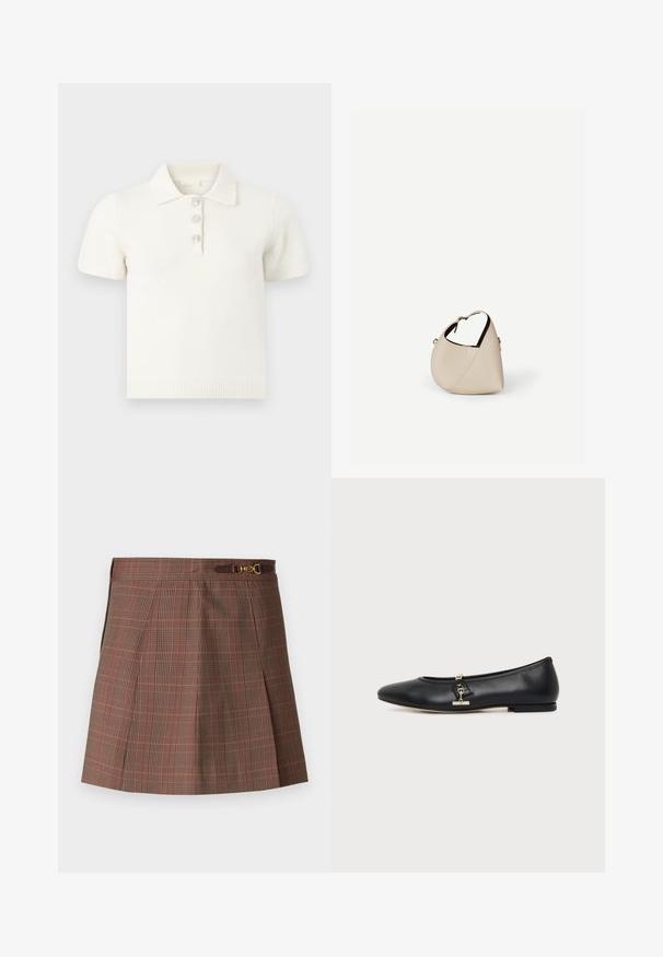 Camiseta tipo polo blanca de manga corta en una tela suave con cuello acanalado, con tres botones decorativos de cristal en la tapeta.; Falda de cuadros marrones con acentos en naranja, con un diseño plisado, cintura ajustada y un detalle decorativo de hardware dorado en el cinturón.; Zapato plano de piel negra con puntera redondeada y pequeño detalle de hebilla dorada en el lateral, mostrado sobre un fondo claro y liso.; Bolso de cuero beige en forma de media luna con una sola correa para el hombro y costuras mínimas, colocado sobre un fondo blanco liso.