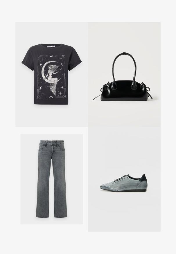 Zwart T-shirt met korte mouwen met een wit grafisch beeld van een vrouw die op een maansikkel zit, omringd door sterren en een geometrische rand.; Grijze denimjeans met rechte pijpen, voorzien van knopen aan de voorkant, rits en vijfzakken, afgebeeld tegen een witte achtergrond.; Lichtgrijze lederen sneaker met een slank ontwerp, voorzien van gestikte details, zwarte veters en een donker accent op de hak. Rubberen zool.; Kleine zwarte glanzende handtas met twee lange hengsels en zijkant trekkoord details op een effen lichte achtergrond.