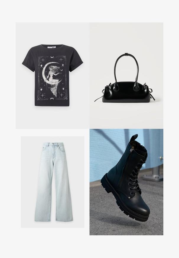 Sort kortærmet t-shirt med hvid grafik af en kvinde, der sidder på en halvmåne omgivet af stjerner og geometrisk kant.; Lyseblå højhåndede vidde jeans med forreste knap og lynlås, forlommer og bæltestropper på hvid baggrund.; Sorte læder ankel støvler med snørebånd, sidelås, tekstureret overflade og en robust sål med fremtrædende slidbaner.; Lille sort blank håndtaske med to lange håndtag og snøre-detaljer i siden på en ensfarvet lys baggrund.