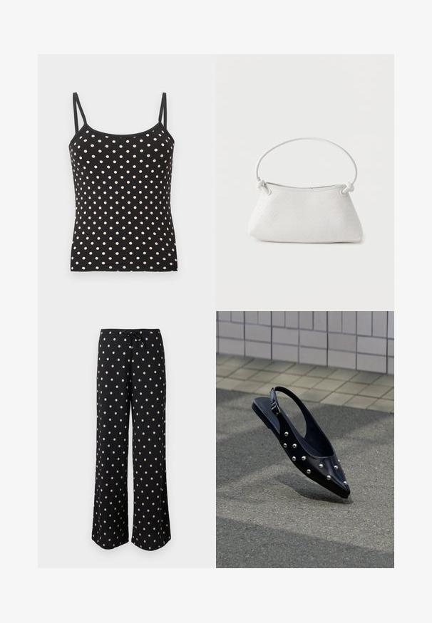 Haut noir à fines bretelles avec des pois blancs, encolure droite et silhouette ajustée sur fond uni.; Pantalon noir à jambes larges avec des pois blancs et une taille à cordon noir.; Chaussure slingback noire à bout pointu avec des clous argentés, flottant au-dessus d'un bitume près d'un mur carrelé en arrière-plan.; Sac à main en cuir tressé blanc avec poignée arrondie et extrémités de lanière nouées, présenté sur un fond uni.